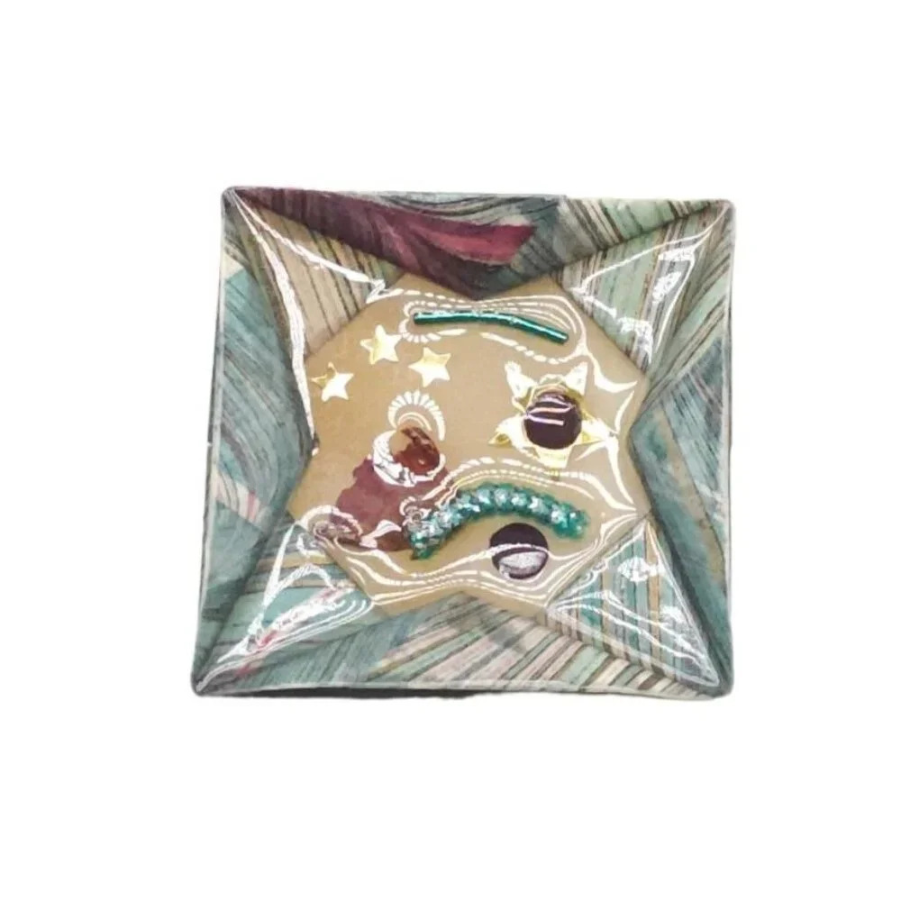 Artisan Enamel Brooch With Abstract Face Design Star Accents